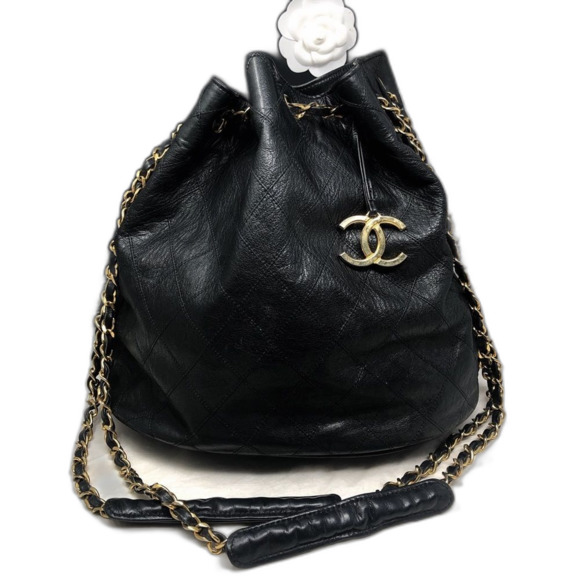 Vintage Chanel Black Lambskin Quilted CC Drawstring Bucket Bag Leather Backpack - Picture 5 of 16